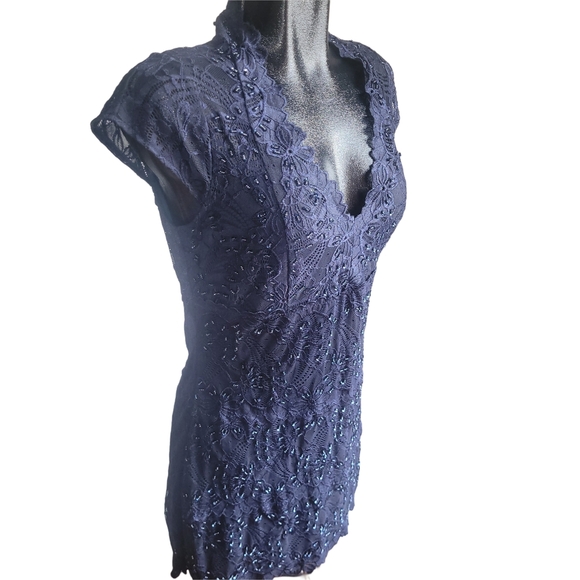 Le Chateau Navy Blue Lace And Bead Detailed Mini Dress M - Picture 3 of 7